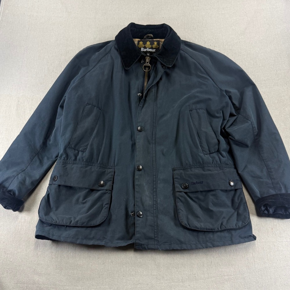Barbour Beaufort Waxed Cotton Jacket Navy Blue Tartan Lining Mens XL Country